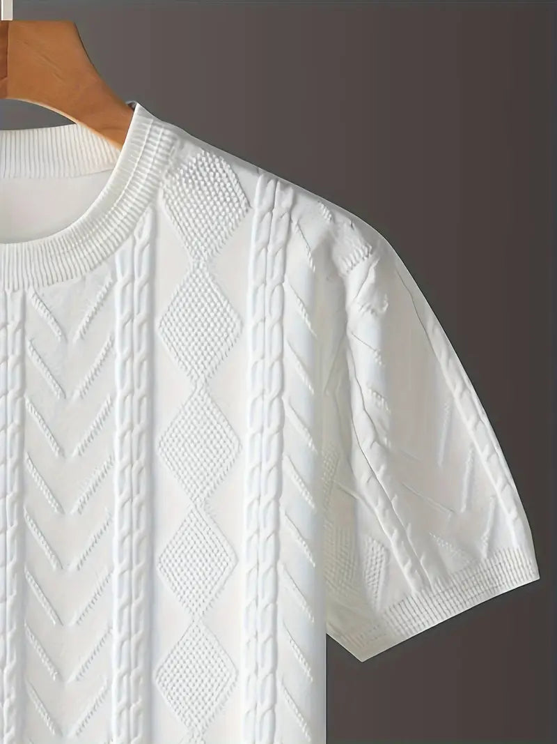 Men'S Premium Jacquard Twist Knit TShirt - Casual Crew Neck, Short Sleeve Knit Fabric Tee