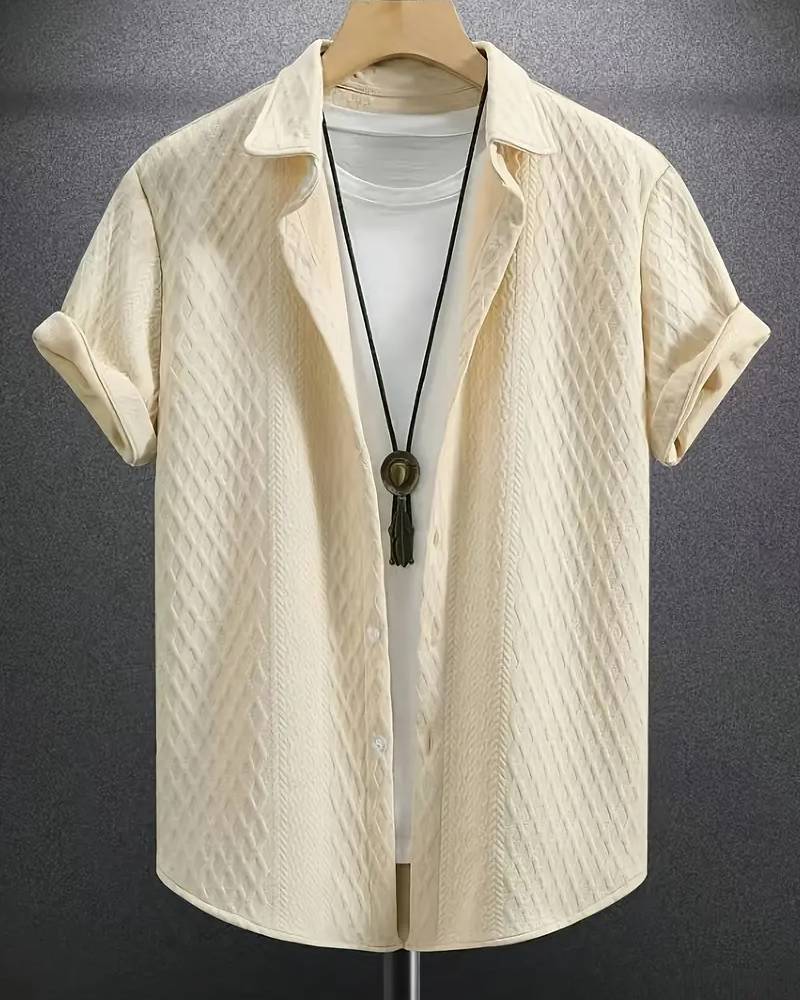 Men'S Vintage-Inspired Short Sleeve Button-Up Shirt - Geometric Texture, Breathable Summer Casual Wear