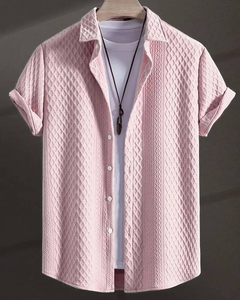 Men'S Vintage-Inspired Short Sleeve Button-Up Shirt - Geometric Texture, Breathable Summer Casual Wear