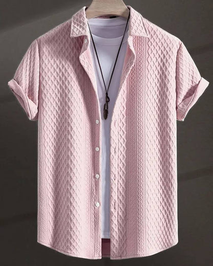 Men'S Vintage-Inspired Short Sleeve Button-Up Shirt - Geometric Texture, Breathable Summer Casual Wear