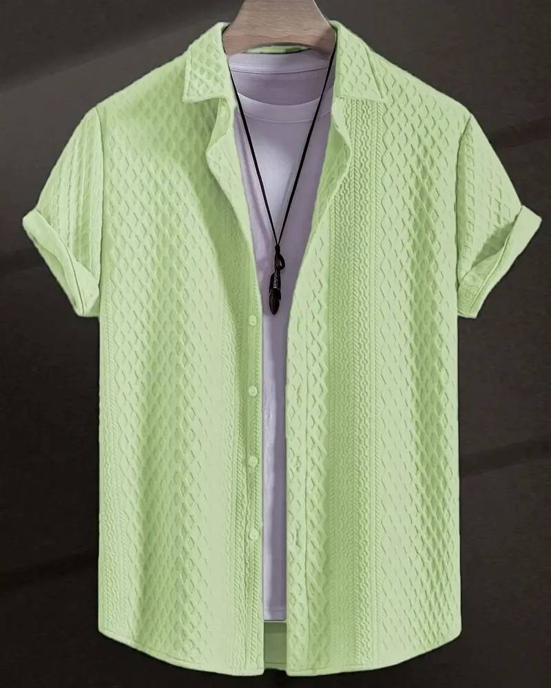 Men'S Vintage-Inspired Short Sleeve Button-Up Shirt - Geometric Texture, Breathable Summer Casual Wear