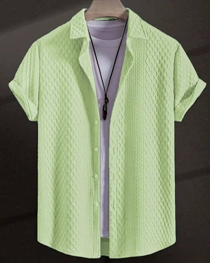 Men'S Vintage-Inspired Short Sleeve Button-Up Shirt - Geometric Texture, Breathable Summer Casual Wear