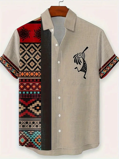 Kokopelli & Earth-Tone Tribal Panel Shirt
