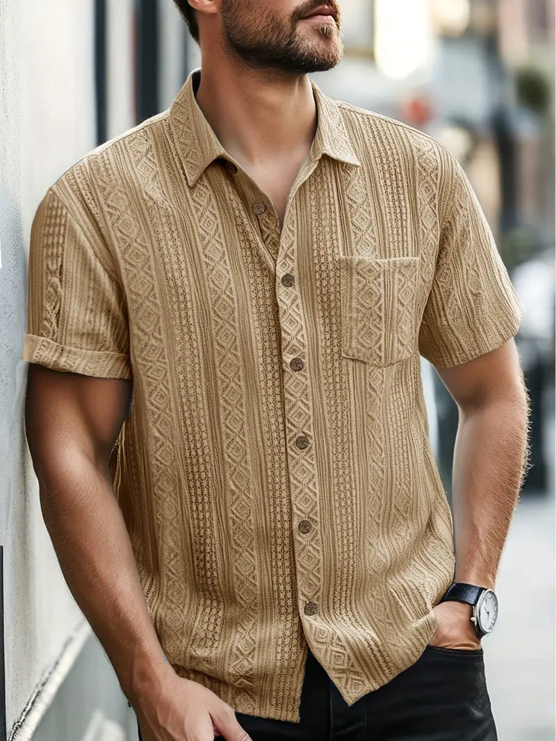 Solid Color Textured Casual Men's Short Sleeve Shirt