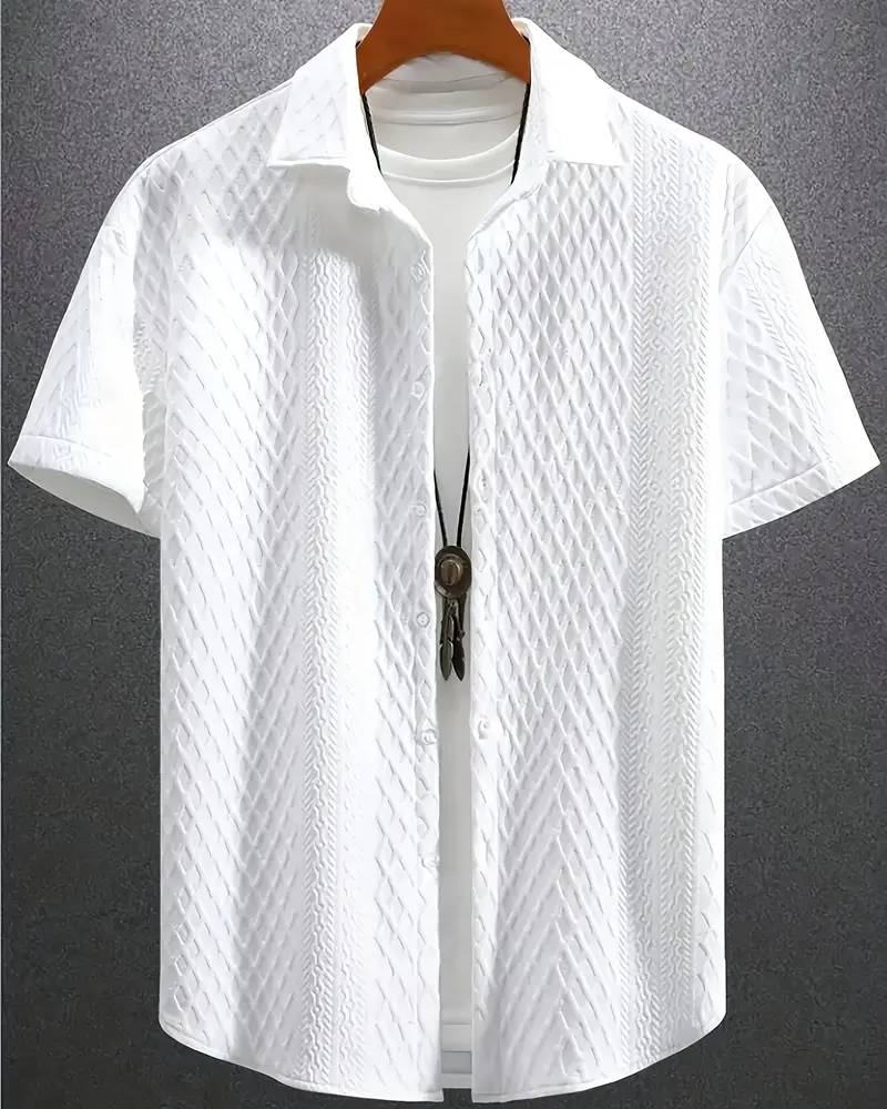 Men'S Vintage-Inspired Short Sleeve Button-Up Shirt - Geometric Texture, Breathable Summer Casual Wear