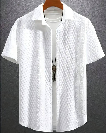 Men'S Vintage-Inspired Short Sleeve Button-Up Shirt - Geometric Texture, Breathable Summer Casual Wear