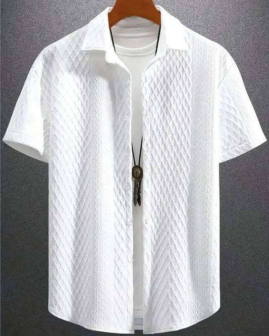 Men'S Vintage-Inspired Short Sleeve Button-Up Shirt - Geometric Texture, Breathable Summer Casual Wear