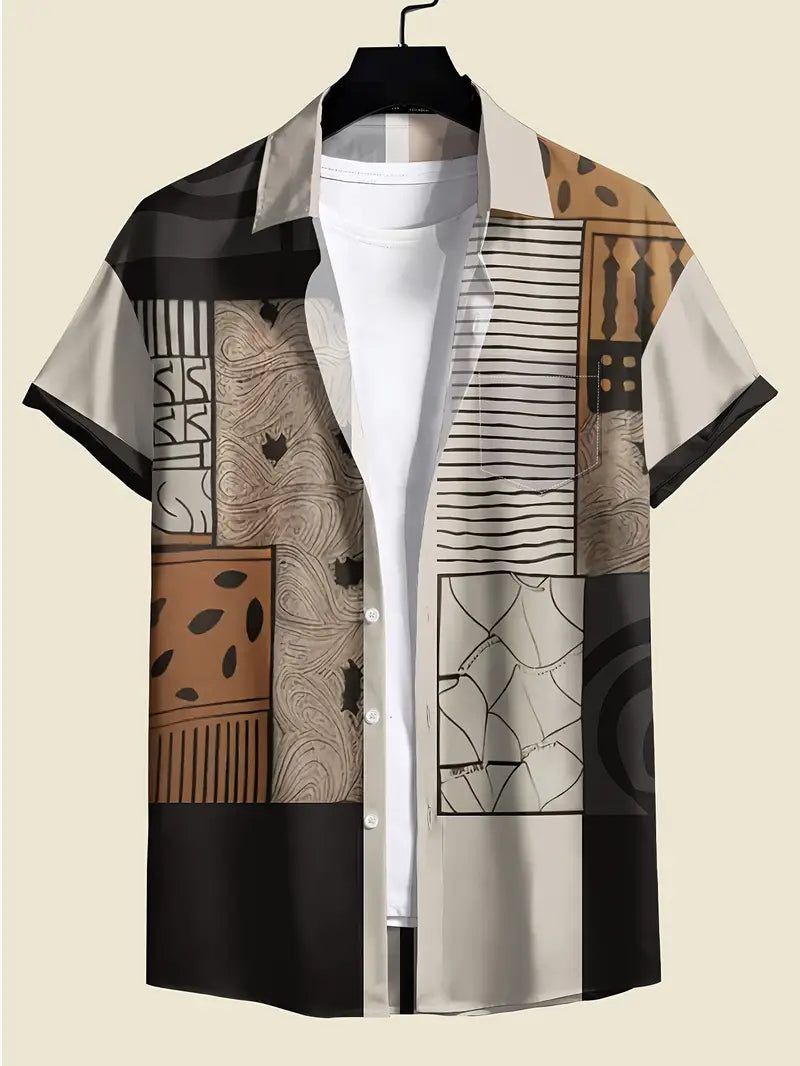 Abstract Neutral Geo Patchwork Shirt