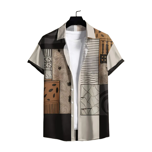 Abstract Neutral Geo Patchwork Shirt