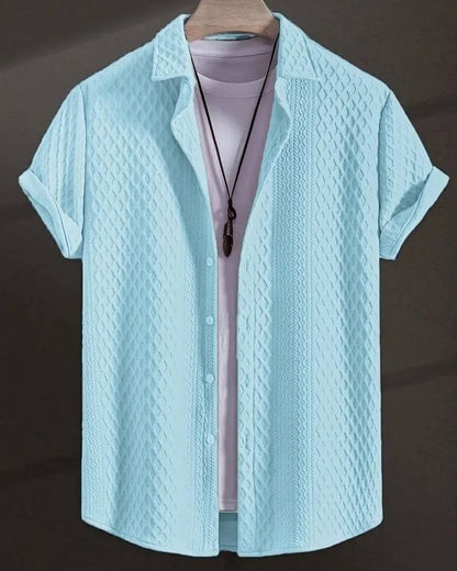 Men'S Vintage-Inspired Short Sleeve Button-Up Shirt - Geometric Texture, Breathable Summer Casual Wear