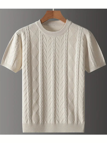 Men'S Premium Jacquard Twist Knit TShirt - Casual Crew Neck, Short Sleeve Knit Fabric Tee