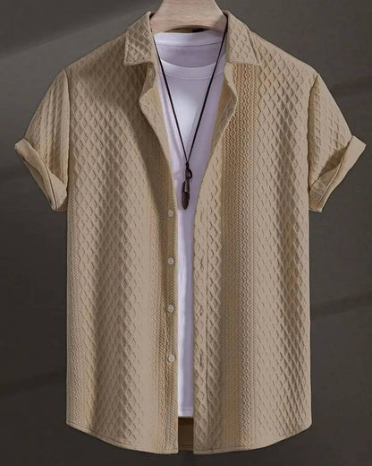 Men'S Vintage-Inspired Short Sleeve Button-Up Shirt - Geometric Texture, Breathable Summer Casual Wear