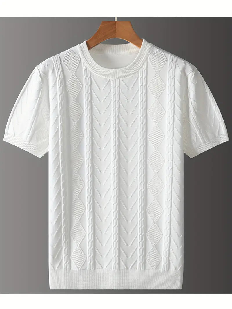 Men'S Premium Jacquard Twist Knit TShirt - Casual Crew Neck, Short Sleeve Knit Fabric Tee