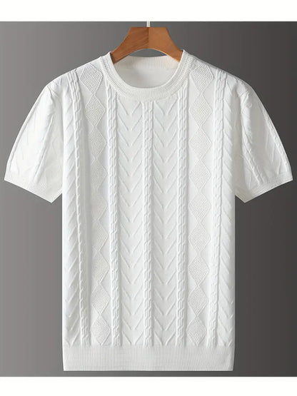 Men'S Premium Jacquard Twist Knit TShirt - Casual Crew Neck, Short Sleeve Knit Fabric Tee