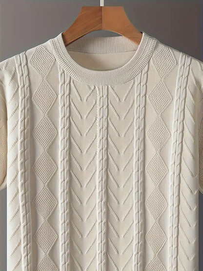 Men'S Premium Jacquard Twist Knit TShirt - Casual Crew Neck, Short Sleeve Knit Fabric Tee