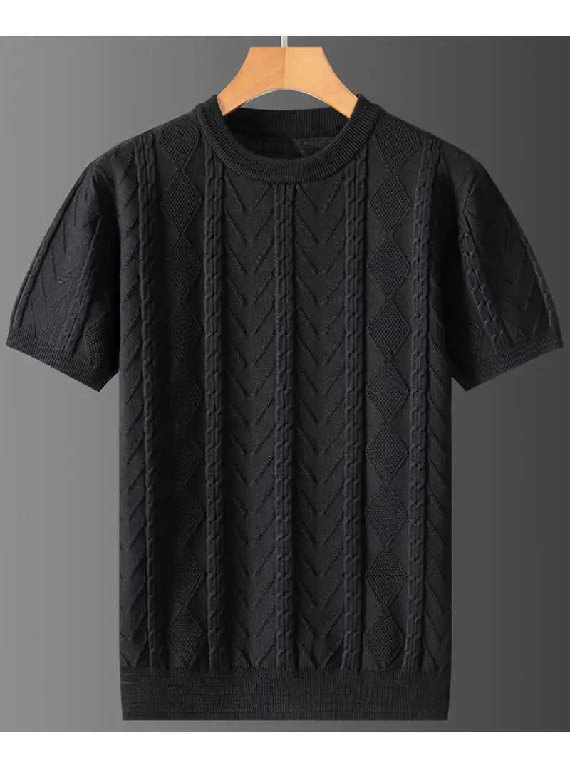 Men'S Premium Jacquard Twist Knit TShirt - Casual Crew Neck, Short Sleeve Knit Fabric Tee