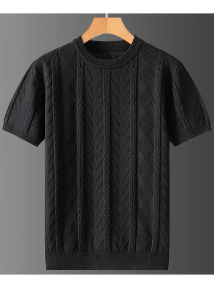 Men'S Premium Jacquard Twist Knit TShirt - Casual Crew Neck, Short Sleeve Knit Fabric Tee