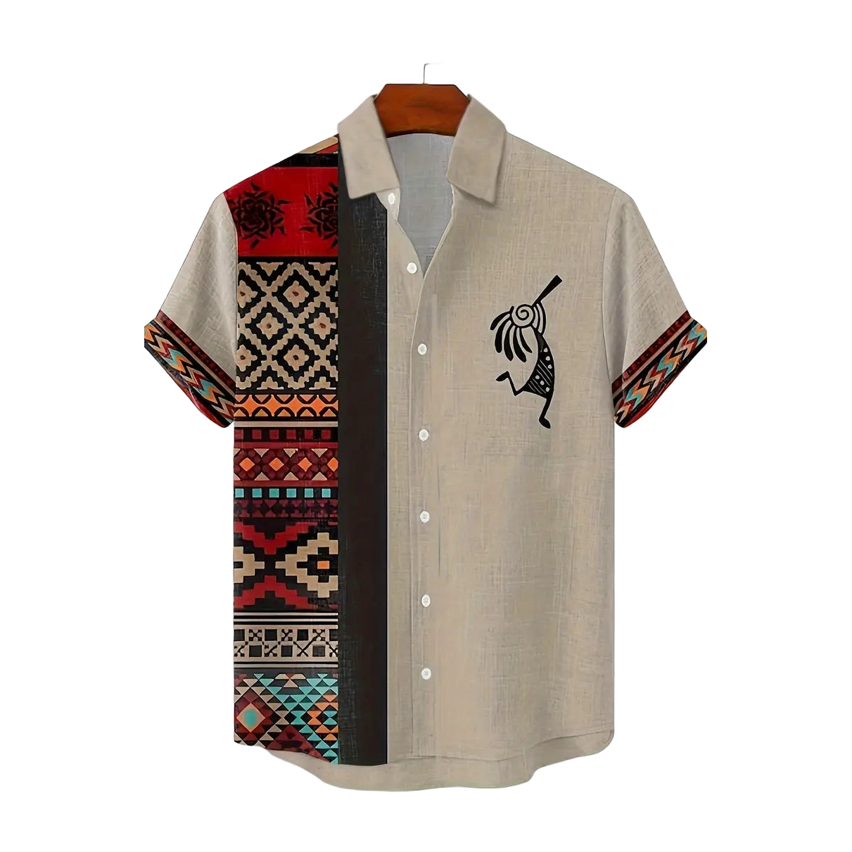 Kokopelli & Earth-Tone Tribal Panel Shirt