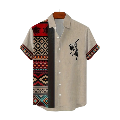 Kokopelli & Earth-Tone Tribal Panel Shirt
