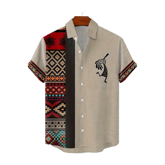 Kokopelli & Earth-Tone Tribal Panel Shirt