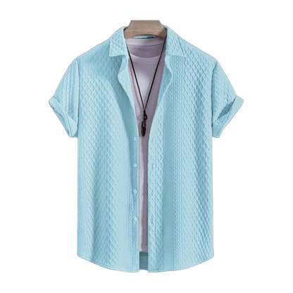 Men'S Vintage-Inspired Short Sleeve Button-Up Shirt - Geometric Texture, Breathable Summer Casual Wear