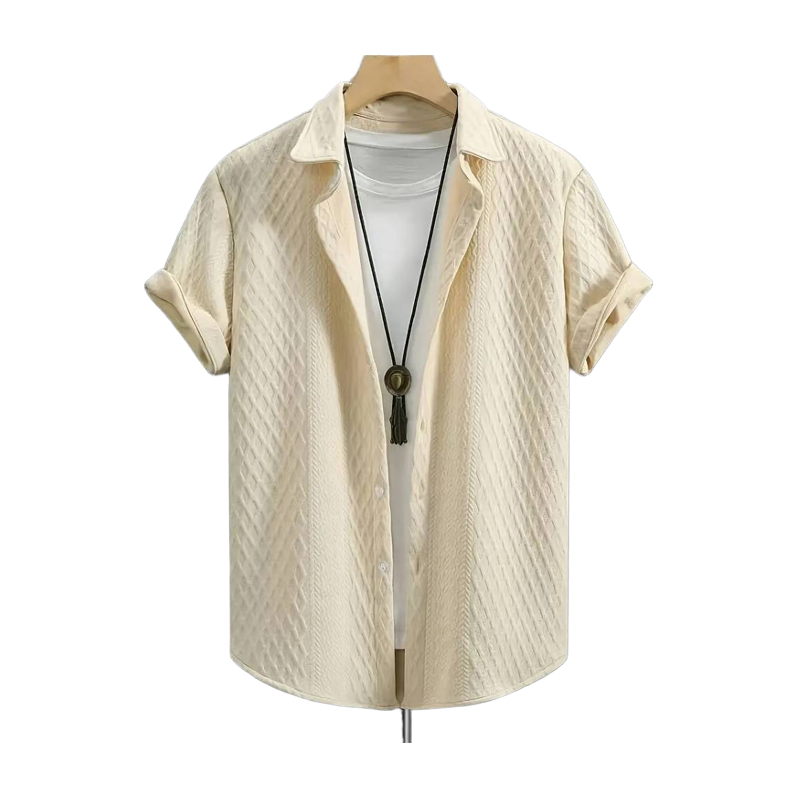 Men'S Vintage-Inspired Short Sleeve Button-Up Shirt - Geometric Texture, Breathable Summer Casual Wear