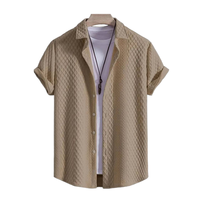 Men'S Vintage-Inspired Short Sleeve Button-Up Shirt - Geometric Texture, Breathable Summer Casual Wear