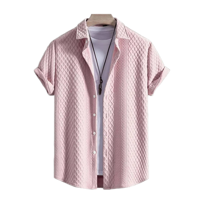Men'S Vintage-Inspired Short Sleeve Button-Up Shirt - Geometric Texture, Breathable Summer Casual Wear