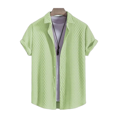 Men'S Vintage-Inspired Short Sleeve Button-Up Shirt - Geometric Texture, Breathable Summer Casual Wear